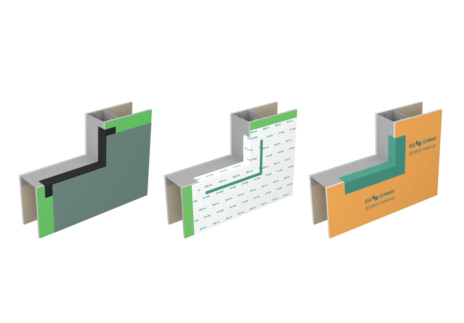 Three 3D renders of exterior wall systems with sheathing and air barriers