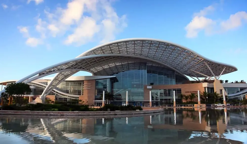 Puerto Rico Convention Center building with domed roof and glass façade restored using Tremco glazing products.