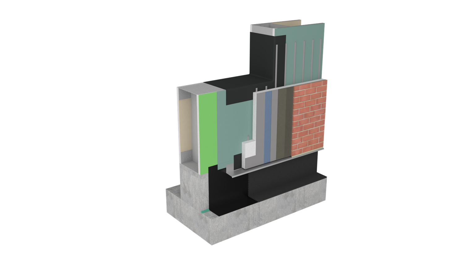 3D render of exterior wall system with continuous insulation, drainage and brick veneer