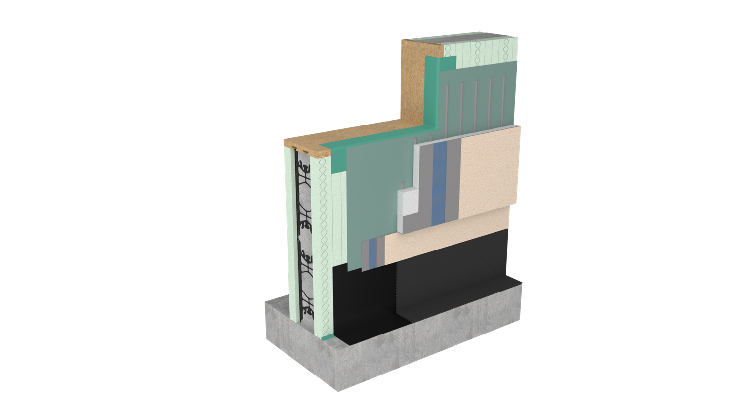 3D render of exterior wall system with ICF, continuous insulation and sheathing