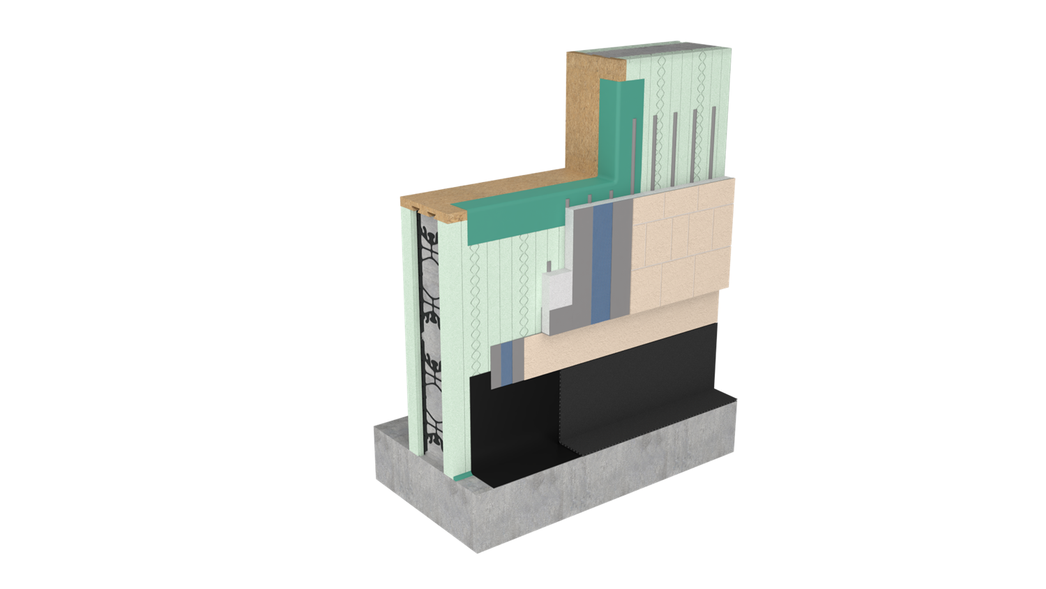 3D render of exterior wall system with ICF, continuous insulation and sheathing