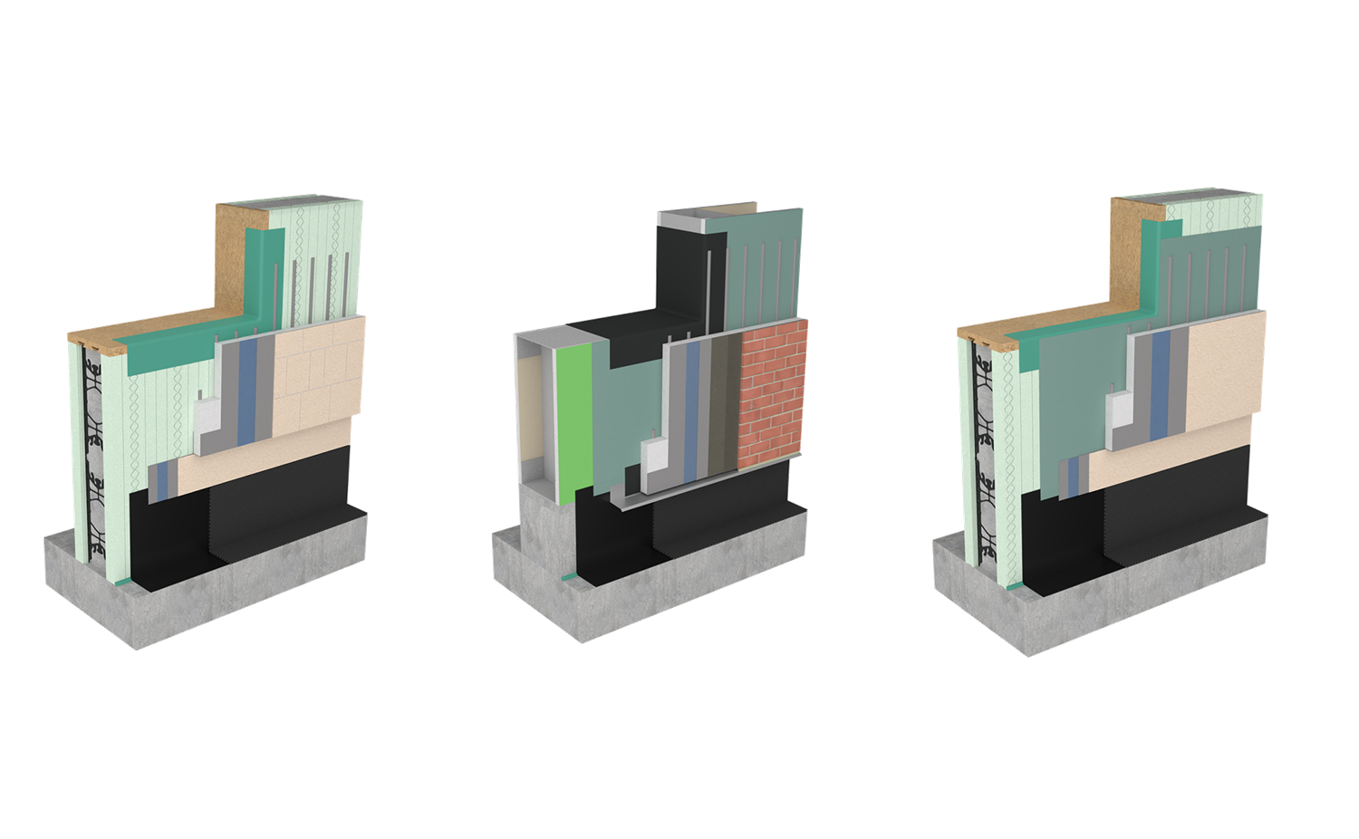 Three 3D renders of exterior wall systems with continuous insulation